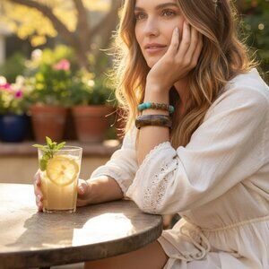 Gara Danielle Brass & Wood Look Bangle Bracelet & Turquoise Bead Bracelet Set